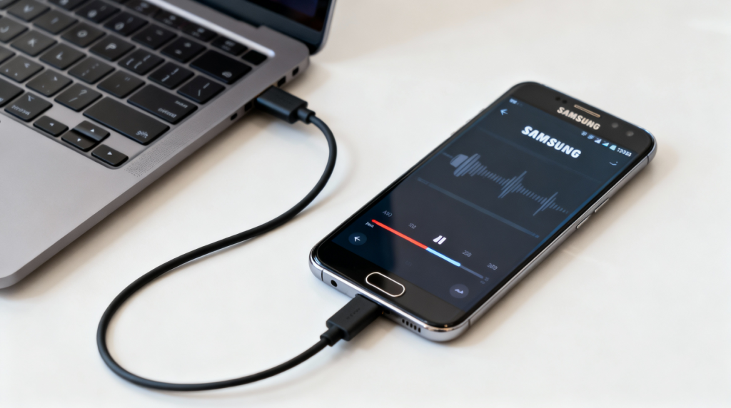 smartphone samsung connecté à un ordinateur