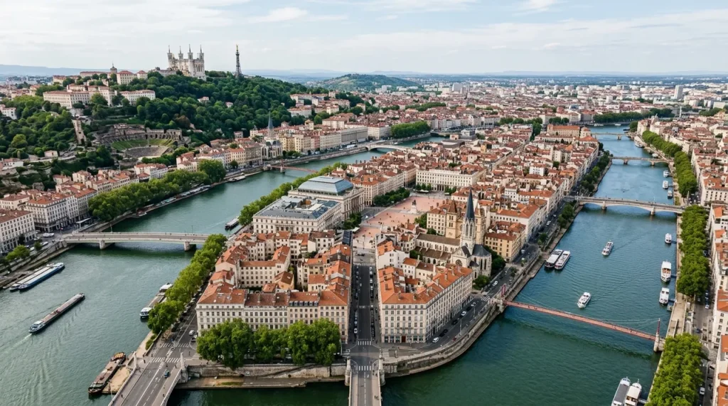 Vue aérienne de Lyon et de la Presqu'île
