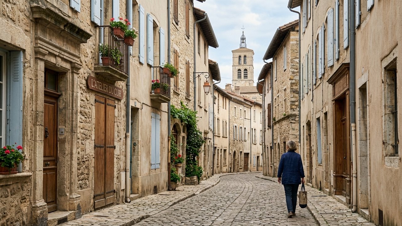 Rue du centre historique de Romans-sur-Isère avec bâtiments en pierre molasse