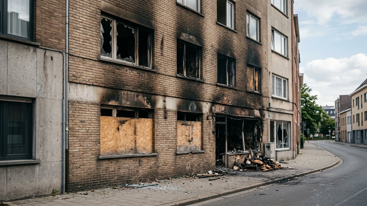 Façade endommagée montrant les dégâts des violences urbaines au quartier des Oliviers