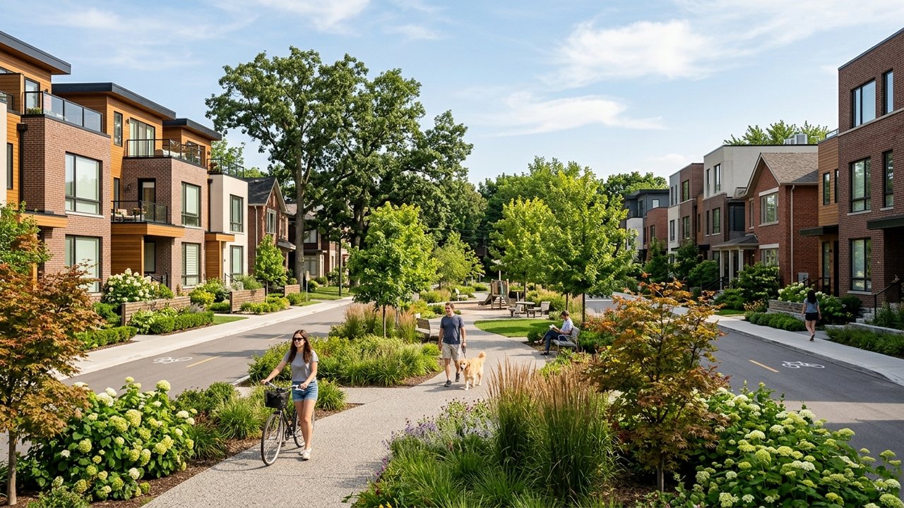 Quartier rénové de Grappinière-Petit Pont avec espaces verts et aménagements