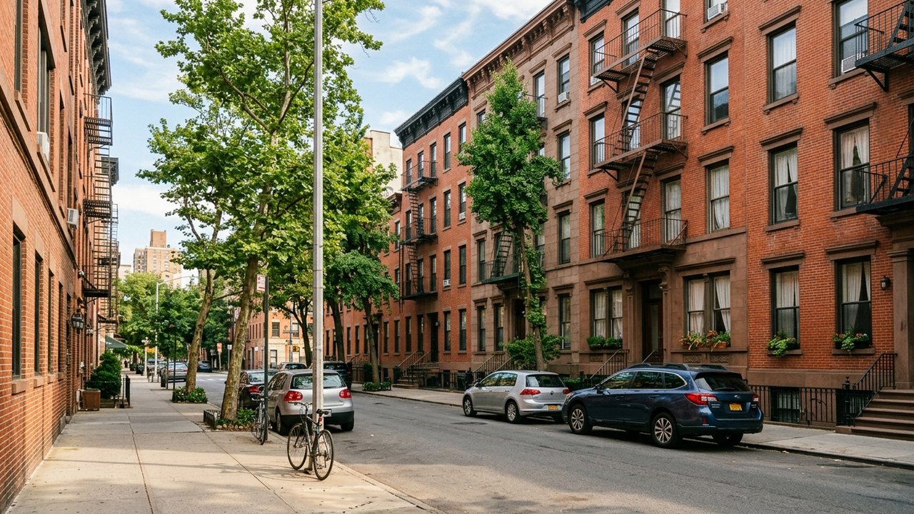Vue d'une rue résidentielle avec immeubles dans un quartier urbain