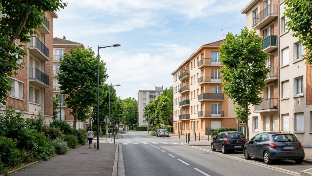Vue d'un quartier résidentiel à Vaulx-en-Velin avec immeubles