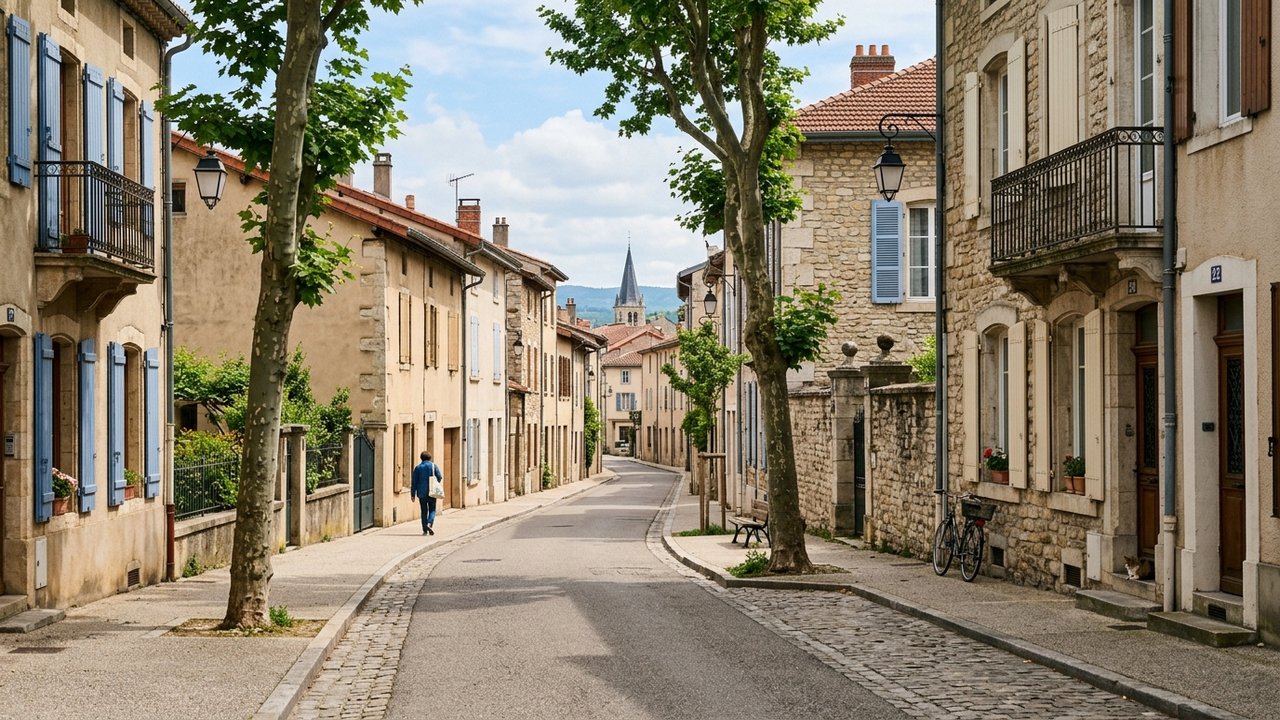 Vue d'une rue résidentielle à Romans-sur-Isère montrant les quartiers de la ville