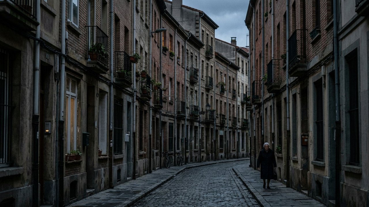 Rue urbaine dense du quartier Saint-Chamand avec immeubles et faible éclairage public